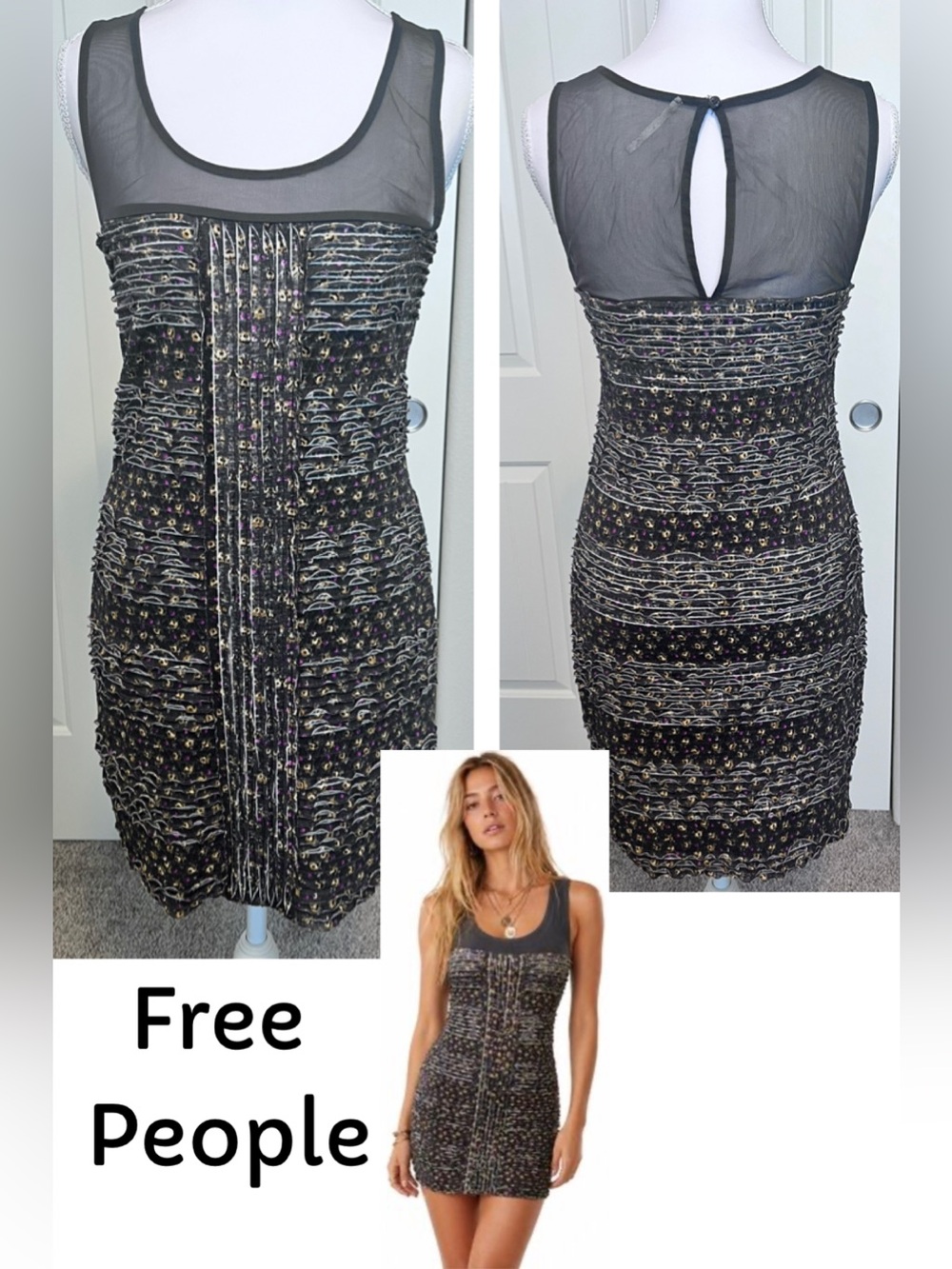 Free People Gray Ditsy Floral Mesh Ruffle
Bodycon Mini Dress Sz Small